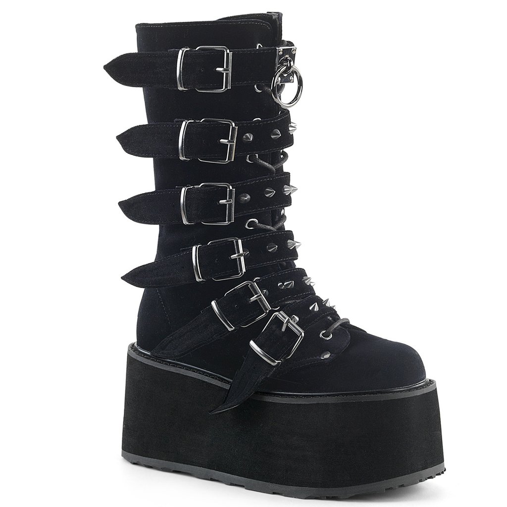 Bottes Hauteur Genoux Demonia Damned 225 Velours Femme - Noir 03124-NCBD